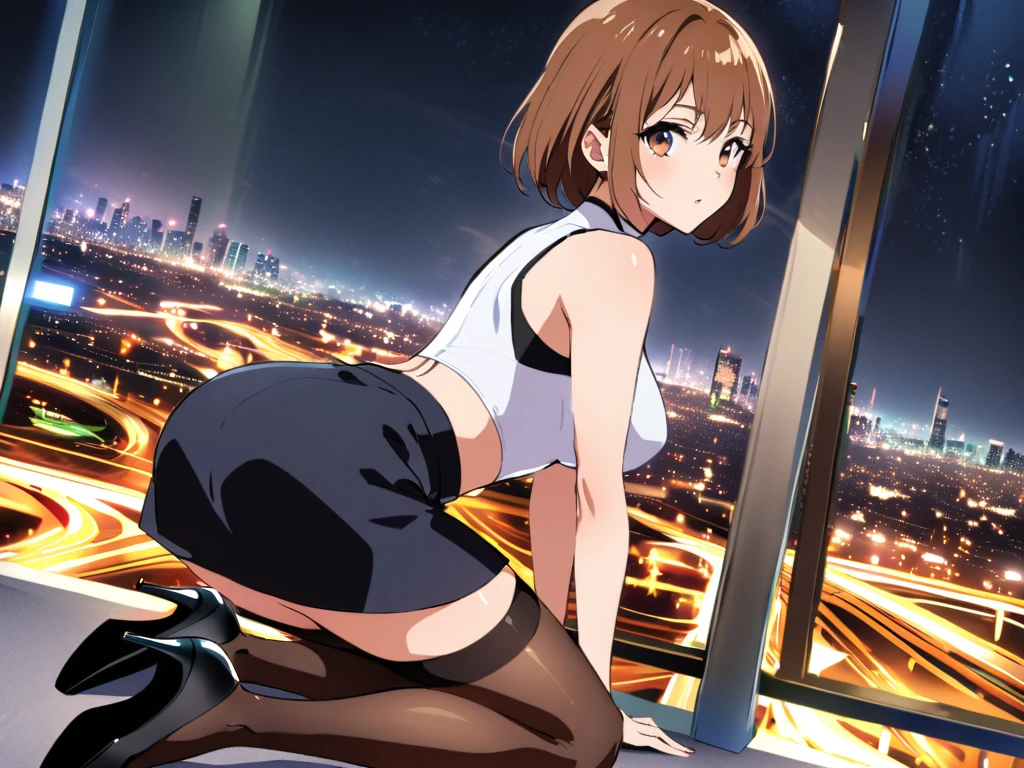 takeda hiromitsu style,(((masterpiece, highest quality:1.3,absurdres))),cowboy shot,20 year old beauty,solo,((very small head)),short bob hair,bangs,dark brown hair,brown eyes,blush,medium breasts,((very long body)),((slender body)),skinny,gleaming skin,shiny skin, Black turtleneck、No sleeve、Crop length、navel、Black micro mini shorts、With a rifle、Best illustrated gun、rooftop of high-rise building、Tokyo、moonlight、