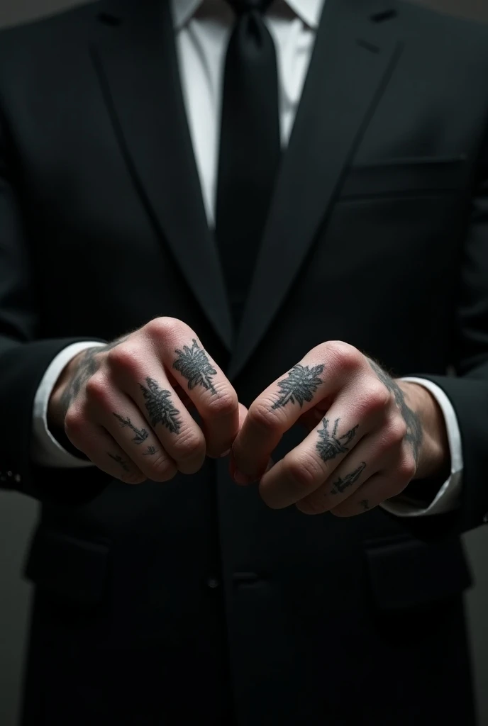 Make me a man turning to the camera, that only his arm is shown, which is covered by the sleeve of his jacket, that has tattoos on his fingers and holds a cigarette 