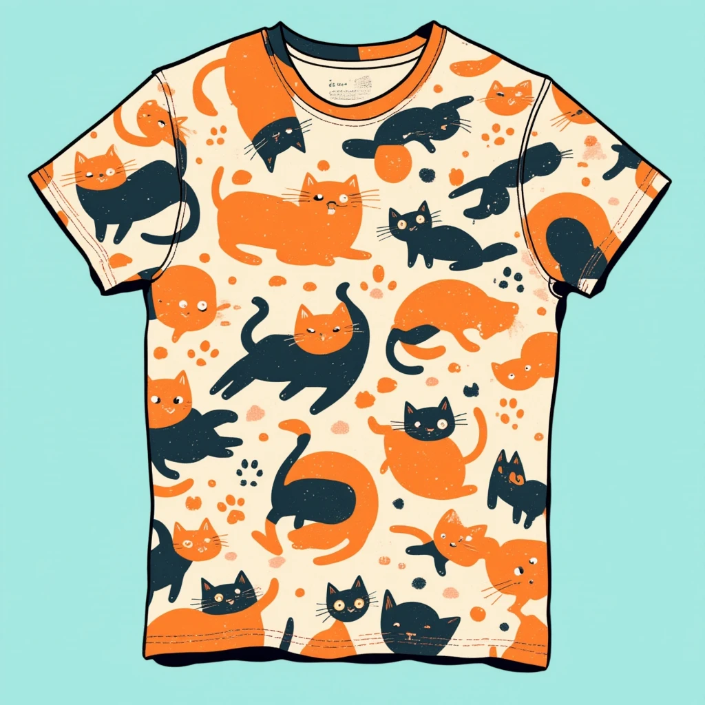 A t-shirt with a colorful illustration of kittens, in the center, vibrant colors, ink stains, flowers, fruits, ultra details, 32K quality, neutral background (art, best quality, professional, perfect composition, very aesthetic, absurd, super detailed details and intricate:1.3)