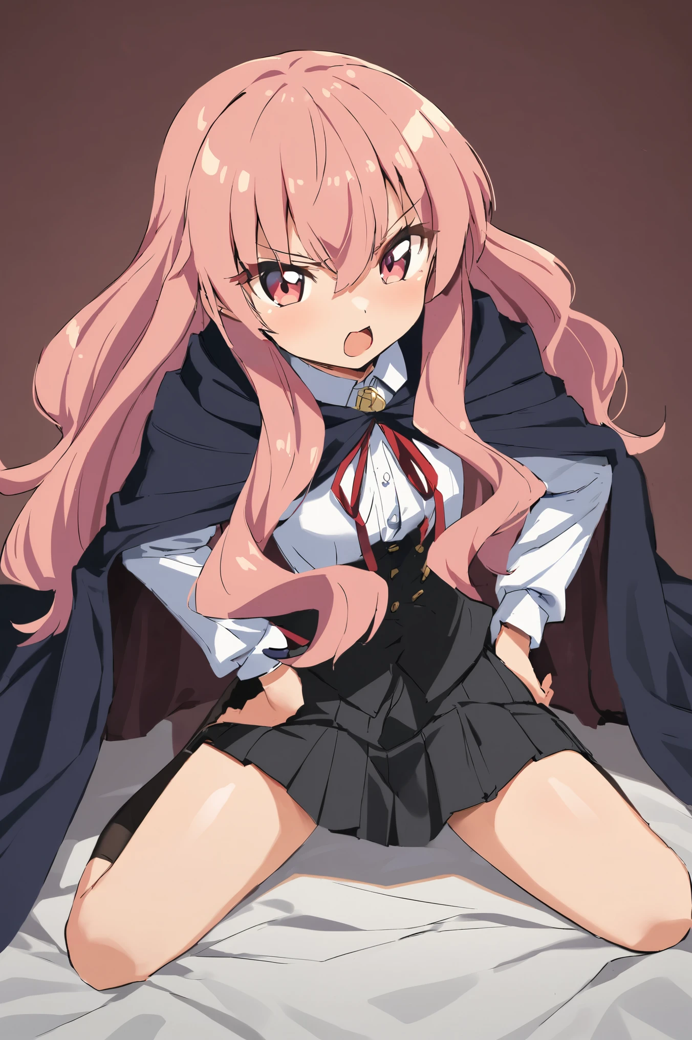 NSFW,masterpiece,Best Quality, high definition, very detailed,Louise Françoise Le Brun de La Valliere \(The Familiar of Zero\),Pink Eyes、Pink Hair,Long Hair, hair between eyes ,Small breasts,Black Cape、黒いskirt、 collared shirt,skirt