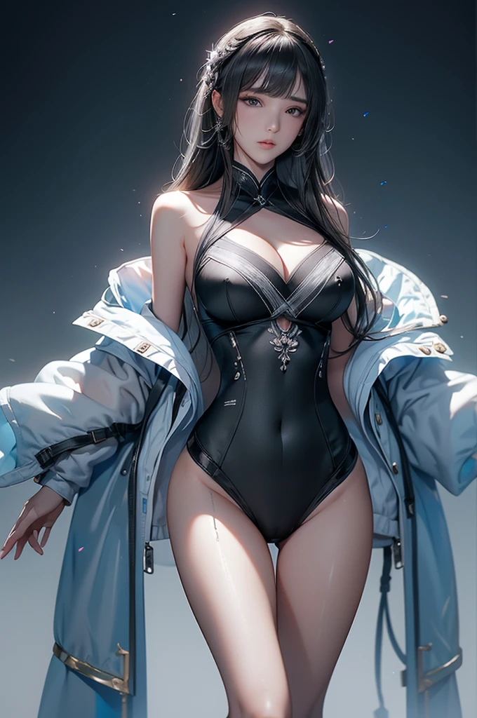 (masterpiece:1.3), (8k,, lifelike, original photo, best quality: 1.4), (1 girl), pretty face, (realistic face), (black hair, long white hair:1.3), nice hairstyle,lifelike眼睛,Nice details on the eyes,(lifelike皮肤),beautiful skin,,Tempting,ultra high resolution,Super real photos,The content is very detailed,best quality,8k,Beautiful woman with perfect body,ten-headed body,Upper and lower body ratio 1:2.5,long, straight hair,smooth skin,huge big tits,Huge cleavage,huge smooth skin,Ridiculously huge,Keep your original clothes,Huge cleavage,huge boobs,huge big tits,Huge cleavage,huge ,Ridiculously huge,Keep your original clothes,huge big ,Huge cleavage,smooth skin,White skin,highest quality,bare shoulders,long legs,The ratio of the upper body to the lower body is 1:2.5,raised buttocks,sparse field,Full body image,全身All exposed了,Large coat,The coat is opened,The jacket does not cover the torso,exposed navels,Men have small waists,Vest line,Naked waist,SFW small waist,long legs,smooth skin,超long legs,Female legs,Gestalt,White skin,smooth skin,Queen,Girly facial features,young face,revealing clothes,Sexy dress up,Small thin waist,long legs,All exposed,armpit露出,bare skin,hands raised,armpit,white skin,armpit泛红,White and tender skin