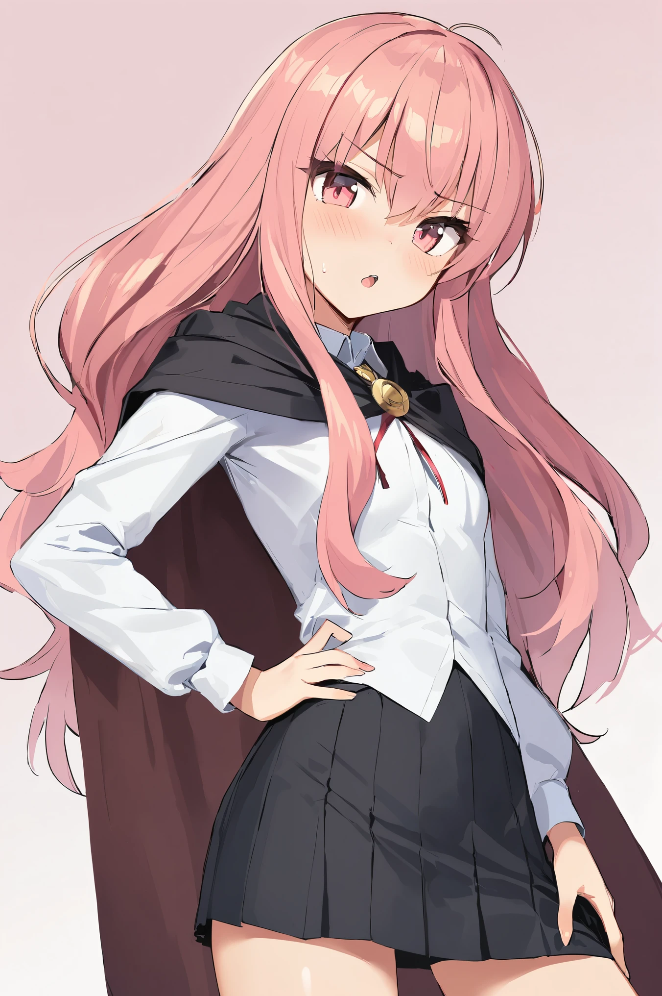 NSFW,masterpiece,Best Quality, high definition, very detailed,Louise Françoise Le Brun de La Valliere \(The Familiar of Zero\),Pink Eyes、Pink Hair,Long Hair, hair between eyes ,Small breasts,Black Cape、黒いskirt、 collared shirt,skirt