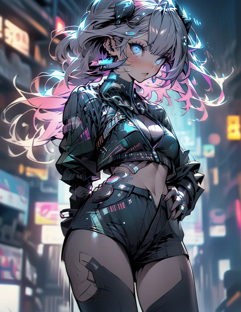 1woman, long white hair with pink and cyan tips,Muticolored hair, fox ears, purple eyes, wearing a white coat, leggings, wearing black undershirt, tattoos on arms,  colorful japanese tattoos, showing body, medium breasts, cyberpunk