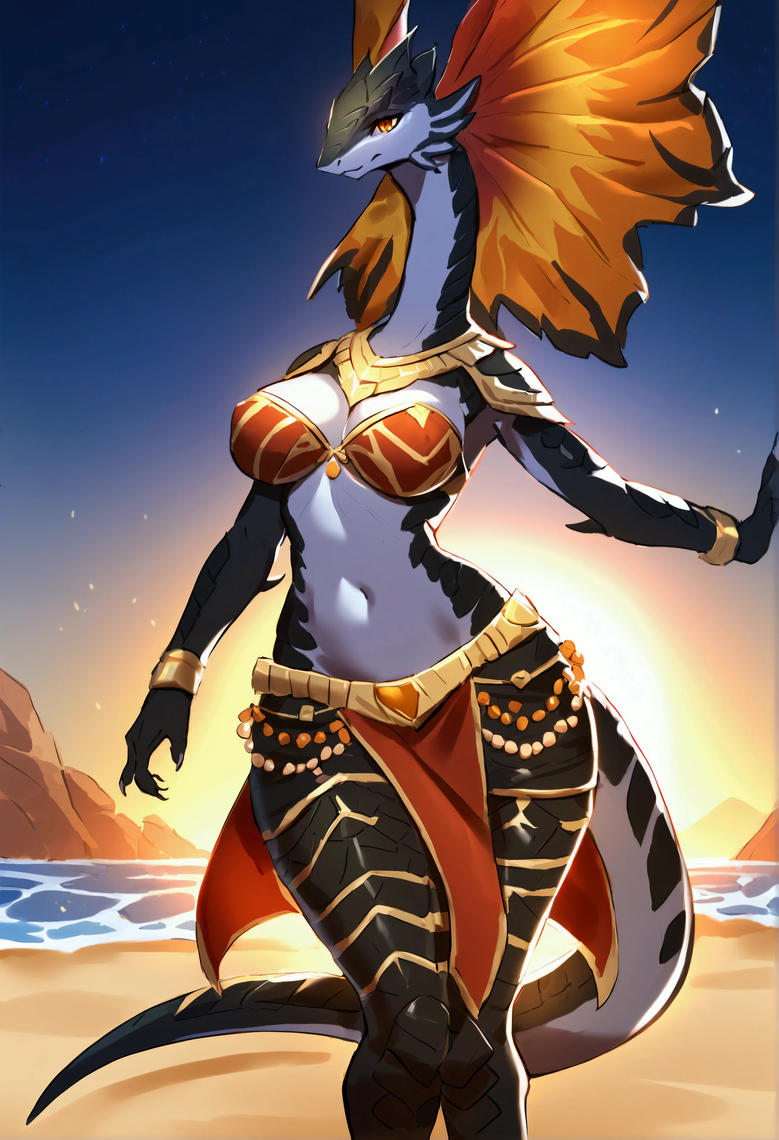 Female, solo, anthro solgaleo, beach, natural breasts, digitigrade, looking at viewer, detailed full body picture,  walking towards the viewer, detailed eyes, one tail, white fur

only partially transformed, transformation, transformation art, solgaleo merging with a human,(mid transformation:1.9), looking at viewer, (human), a human partially transformed into a female anthro solgaleo