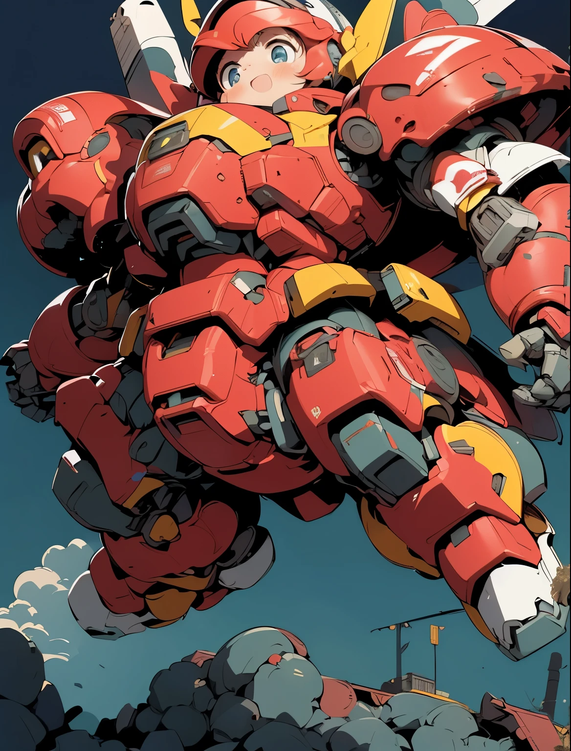 (((1 chibi girl in large red-colored robot costume, from below))), ssmile, (holding weapons), (chibi), (bulky:1.8), (((helmet:2.0))), large cute face, (((looking down:1.5))), mechanical parts, ((mechanical wings)), (full armor:1.8), (mecha armor:1.8), (shoulder guards:1.2),(huger arms), ((mechanical arms:1.5)), (short legs), (huger body:1.8), (heavy equipment:1.6), (from below), blue sky, white clouds, robot joints, becoming a mecha, mecha, (RARS), (HRS), ROBOTANIMESTYLE, BJ_Cute_Mech,cute, girl BREAK ((masterpiece)), vibrant colors, 8k, best quality, ultra detailed illustration, ((best quality)), ((high resolution)), flawless skin textures, shiny oiled skin, extremely detailed anime eyes , extreme light and shadow