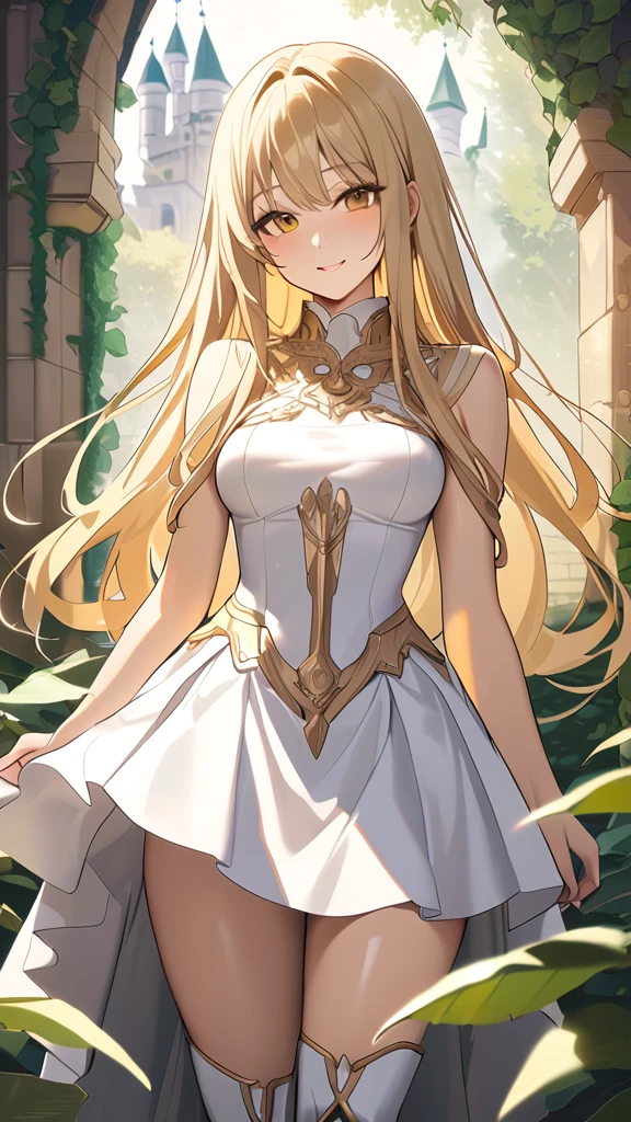 Anime girl in white dress with long blonde hair and green and white dress、anime goddess、palutena、the goddess artemis smirking、Mrs. Palutena、portrait knights of zodiac girl、Official Art、((Beautiful fantasy empress))、Laughing Goddess Hera、Blonde anime girl with long hair、ancient goddess、Anime visuals of cute girls