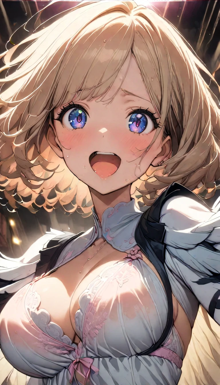 Long Curly Hair、saliva、(steam:0.8),(wet:1.2),(sweat:0.8),(trembling:1.2)、（ dazzling light illuminates the subject:1.2）、Particles of light、Angel Wings、 Circle of Clear Angels 、（ heart pupil:1.3） , smile、（  Composition from directly below :1.7）.( beautiful woman wearing holographic transparent pink lingerie:1.3）（Delicate Embroidered Lingerie :1.7）. （Big Breasts:1.2）, Holographic Blonde Hair  ,  detailed face,   long eyelashes , （  dynamic pose :1.6）,     Movie Lighting,   upper body close up , Big Breasts,  Beautiful face details, (  best quality:1.2,   very detailed , up to date, Vibrant,   Located ,   high contrast , masterpiece:1.2, Best aesthetics), (((1 person))),  carefully drawn, Tension and excitement,  Soft Focus  ,  Movie Lighting,  delicate details