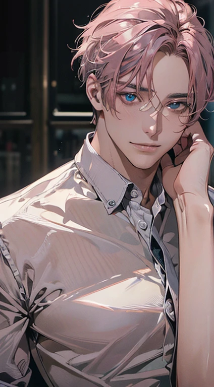 A young man with light pink hair, black eyes, a White suit stood with his back turned half-face smoking a cigarette in his room at night.