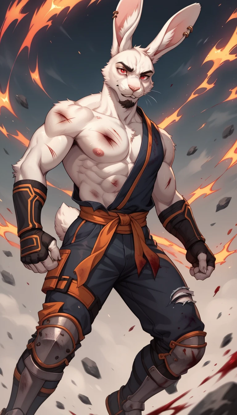 Solo, Emotionless, Masculine rabbit Man, ((furry)), albino fur, glowing red eyes, ((eye focus)), goatee, ((Visible Ki Charging)), long pierced ears, bunny tail, Lepori Monk, Martial Artist, Shirtless With One Shoulder Armored, Rabbit Furry, Wounded, Bleeding Heavily, Bruises, Injured, Ripped Pants, ((Levitating, Charging Energy))