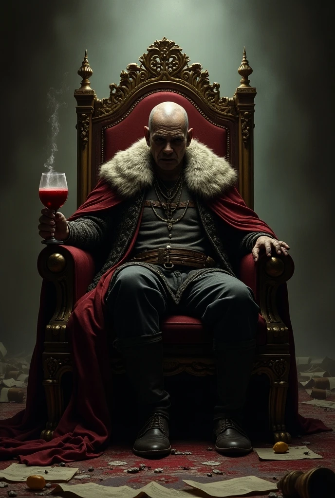 cinematic still of Jason Statham as an action hero Santa Clause, wearing a Santa costume with tactical gear, sitting on a black swords throne, with reindeers, abandoned throne room, gift box and blood stained floor, highly details, best quality, masterpiece, 8k, hdr, hyper resolution, cinematic lighting, christmas theme [game of thrones] <lora:add-detail-xl:0.8>
