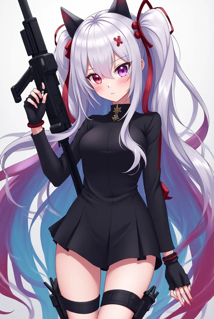 ( girl red eyes long white hair), (sci-fi:1.1),(black color guard suit), (white background:1.5), (sexy butt)