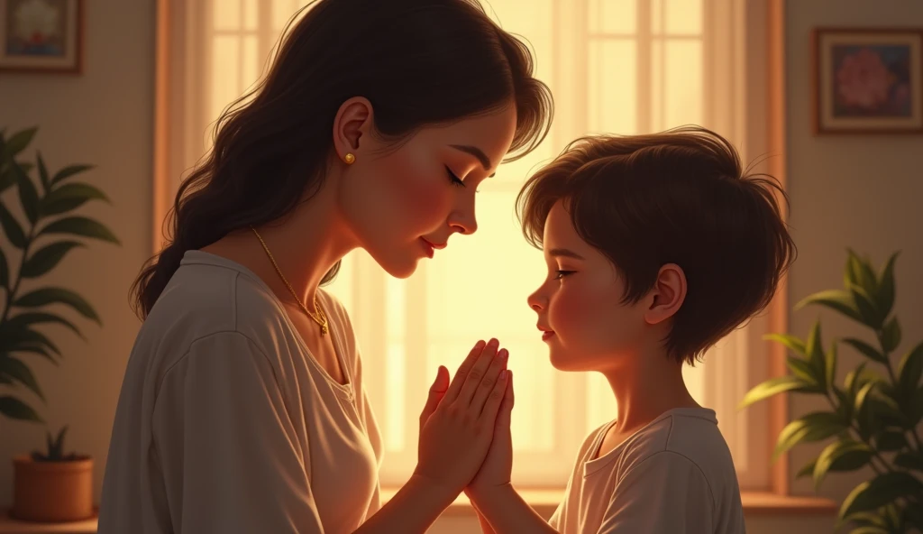 A boy in a green shirt bowing to his mother He did not show his head