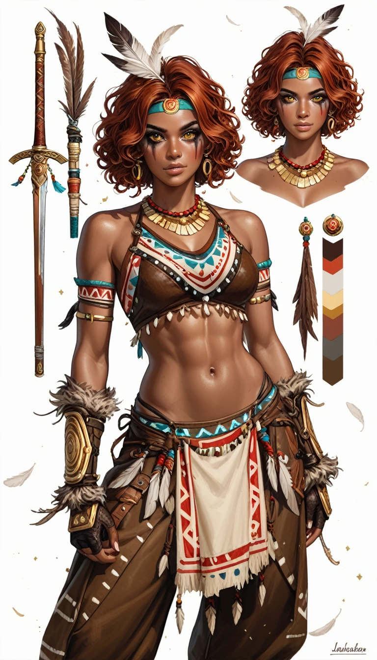 Solo, dark skinned girl, short wavy hair, auburn hair, golden eyes, Feathered Tribal Headband, Feather Leather Vestments, Tribal Makeup, Pocketed Cloth Pants, Jeweled golden necklaces, Jeweled gauntlets, Wielding an Amethyst Sword, White Background, Character Design Sheet