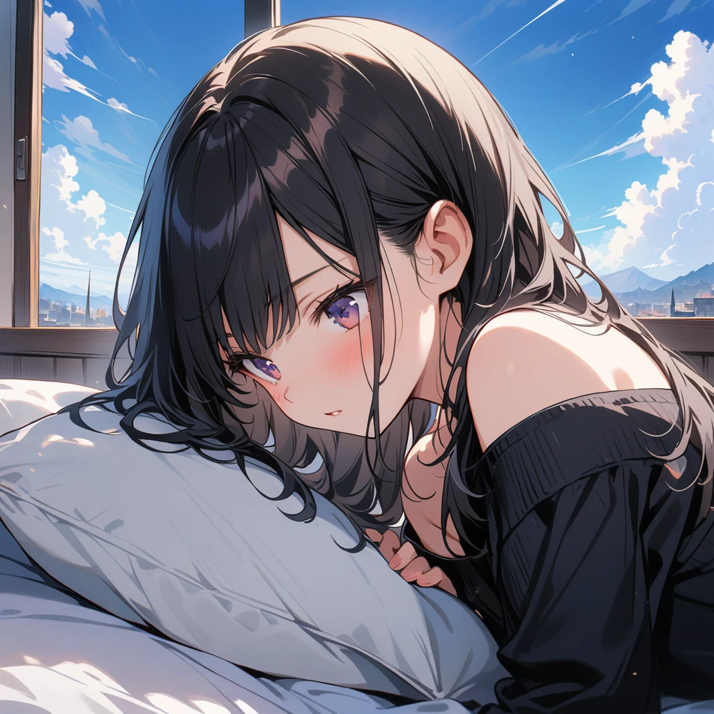 (highest quality、4K、8K、High resolution、masterpiece:1.2)、Super detailed、real:1.37、20歳のIdol、long black hair、Big eyes、Idol、indoor、Home、night、Dozing off、Dozing off、cozy atmosphere、dreamy lighting、soft shadow、calm expression、relaxed body posture、Soft colors、peaceful atmosphere、the room is dark
