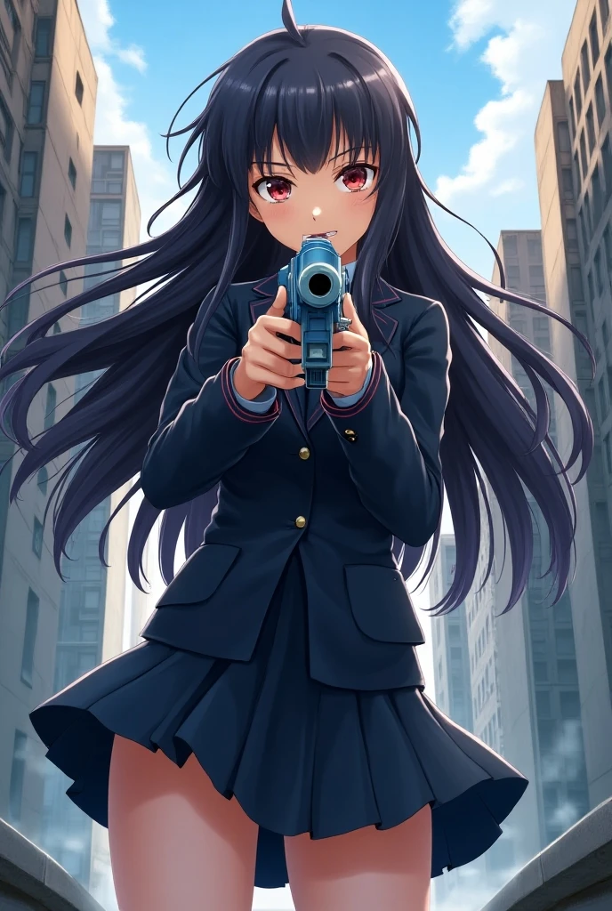 A high school girl with long hair, wearing a school uniform, holding a futuristic gun in a dynamic and action-packed pose. She is positioned in the center of the composition with an intense expression. The background features a dramatic scene with four-point perspective, creating a sense of depth and movement. The environment around her is urban, with tall buildings, sharp angles, and a slightly tilted horizon. The scene is highly detailed, with sharp contrasts and vibrant colors typical of anime art style. The lighting highlights the girl's features and weapon, giving her an aura of strength and determination.