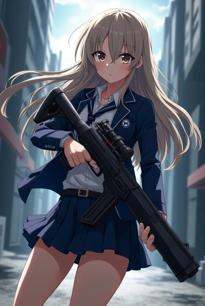A high school girl with long hair, wearing a school uniform, holding a futuristic gun in a dynamic and action-packed pose. She is positioned in the center of the composition with an intense expression. The background features a dramatic scene with four-point perspective, creating a sense of depth and movement. The environment around her is urban, with tall buildings, sharp angles, and a slightly tilted horizon. The scene is highly detailed, with sharp contrasts and vibrant colors typical of anime art style. The lighting highlights the girl's features and weapon, giving her an aura of strength and determination.