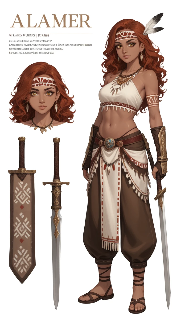 Solo, dark skinned girl, short wavy hair, auburn hair, golden eyes, Feathered Tribal Headband, Feather Leather Vestments, Tribal Makeup, Pocketed Cloth Pants, Jeweled golden necklaces, Jeweled gauntlets, Wielding an Amethyst Sword, White Background, Character Design Sheet