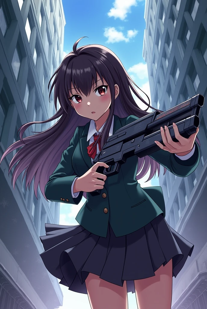 A high school girl with long hair, wearing a school uniform, holding a futuristic gun in a dynamic and action-packed pose. She is positioned in the center of the composition with an intense expression. The background features a dramatic scene with four-point perspective, creating a sense of depth and movement. The environment around her is urban, with tall buildings, sharp angles, and a slightly tilted horizon. The scene is highly detailed, with sharp contrasts and vibrant colors typical of anime art style. The lighting highlights the girl's features and weapon, giving her an aura of strength and determination.