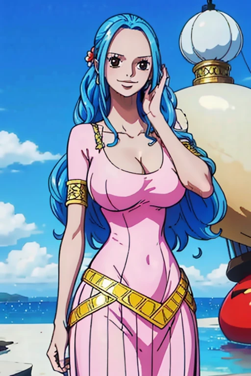 ( masterpiece,Best Quality, 4K, 8k,  high definition, masterpiece:1.2), Super detailed, (Realistic, photoRealistic, photo-Realistic:1.37) ,Generate an anime style for Nefertari Bibi in One Piece, must be made in an anime style ,Her hair is bright light blue , Beautiful Hair, Beautiful Hair型, beautiful details in her eyes , (Realisticな肌),Beautiful Skin, Beautiful lipstick,Beautiful Lips, Charming,smile,beautiful brown eyes ,sea, swimsuit,Wet bare skin, looking at the camera,アートスタイルはCharmingなアニメスタイルに似ている, rendering, Added HDR to enhance visual effects, 超 high definition,  studio lighting,  ultra-fine painting, Sharp focus, 物理ベースrendering, professional,  vibrant colors,(((Best Quality))), ((Super detailed)),((masterpiece:1.5)), Detailed Photos, (Best Quality: 1.4), 超 high definition, High image quality,Perfect fingers,Perfect limbs,Perfect Fingers 