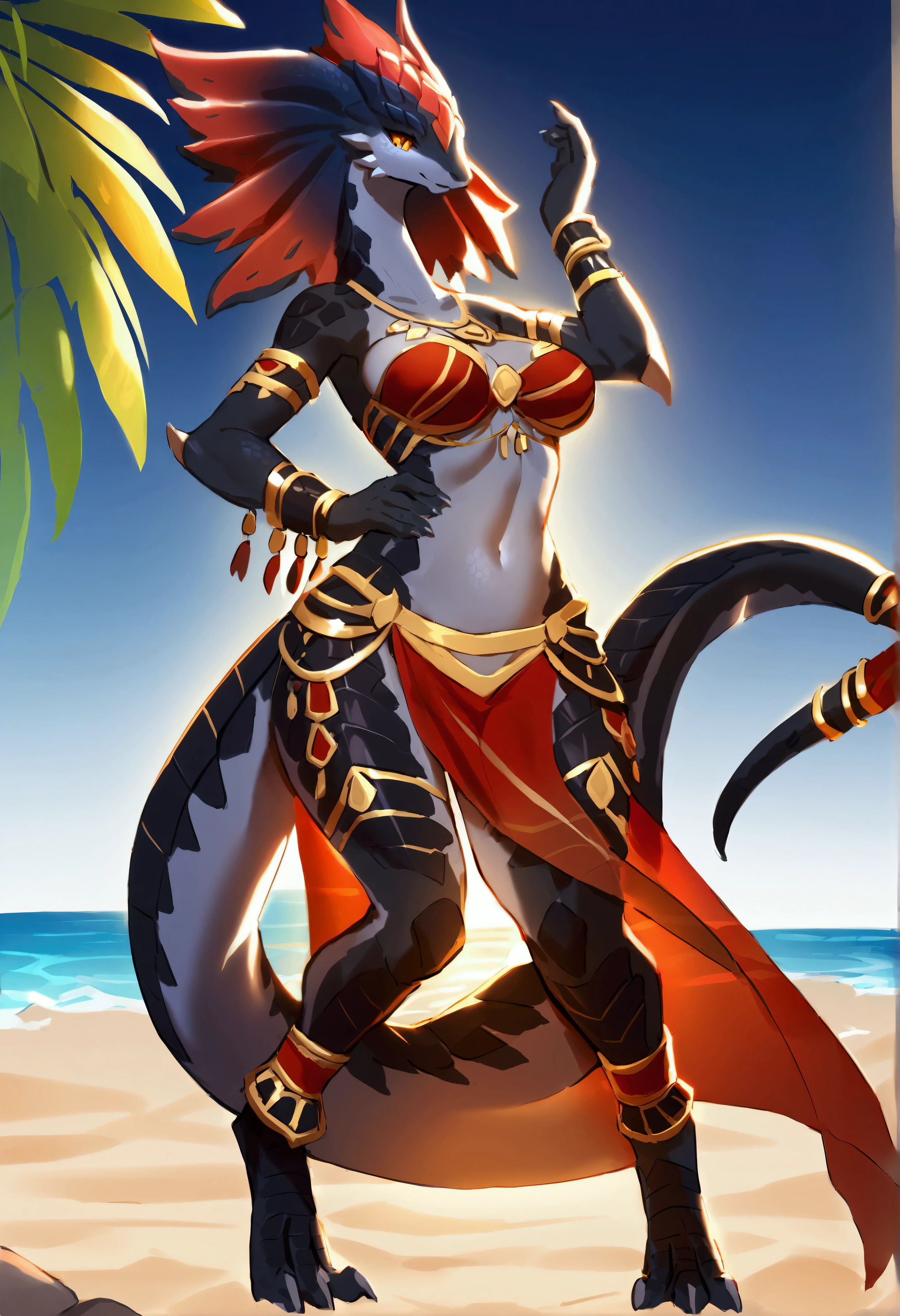 (top quality, best quality, Sollyz, High-quality illustrations, masterpiece, perfect artwork, cinematic light and shading, 16k, 1080p, uploaded on e621)(kemono, furry, anthro, alone), 1 female, (very detailed body, face, tail, arms, hands, legs, head and eyes), lizard, (Divinity: Original Sin 2), scale body, lizard body, black body, breasts, wide hips, lizard head, lizard tail, perfect eyes, lizard eyes, amber eyes, beautiful tribe armor, beautiful belly dancer clothes, beautiful beach night, body movement, body twitching, dancing