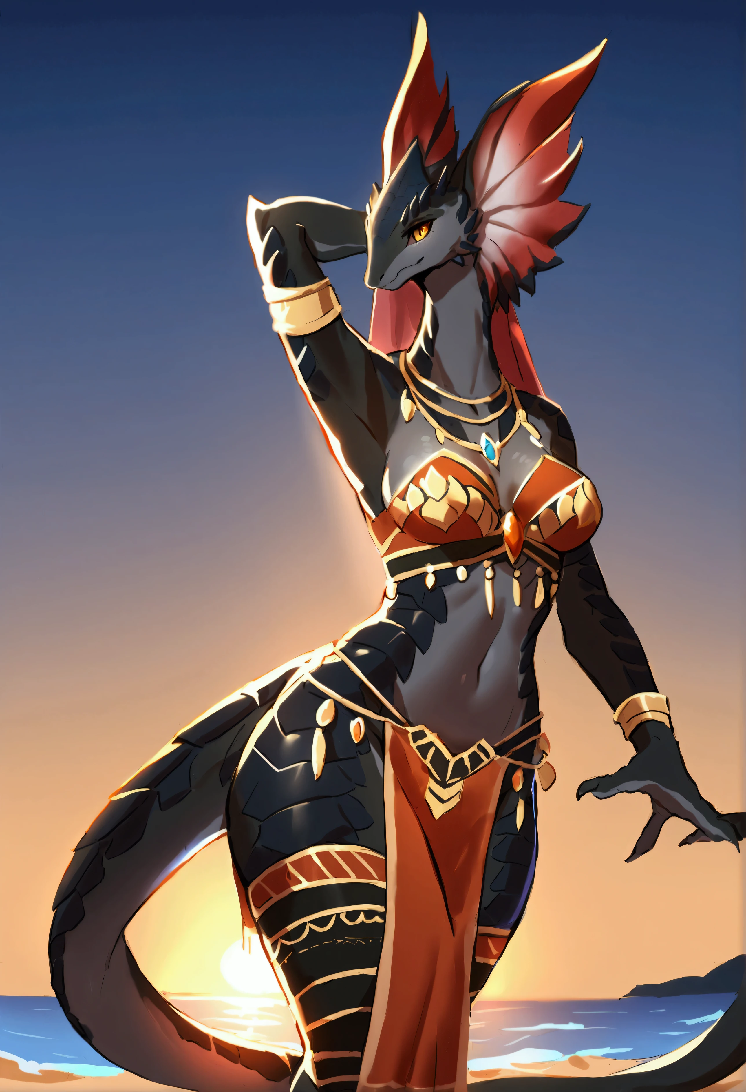 (top quality, best quality, Sollyz, High-quality illustrations, masterpiece, perfect artwork, cinematic light and shading, 16k, 1080p, uploaded on e621)(kemono, furry, anthro, alone), 1 female, (very detailed body, face, tail, arms, hands, legs, head and eyes), lizard, (Divinity: Original Sin 2), scale body, lizard body, black body, breasts, wide hips, lizard head, lizard tail, perfect eyes, lizard eyes, amber eyes, beautiful tribe armor, beautiful belly dancer clothes, beautiful beach night, body movement, body twitching, dancing