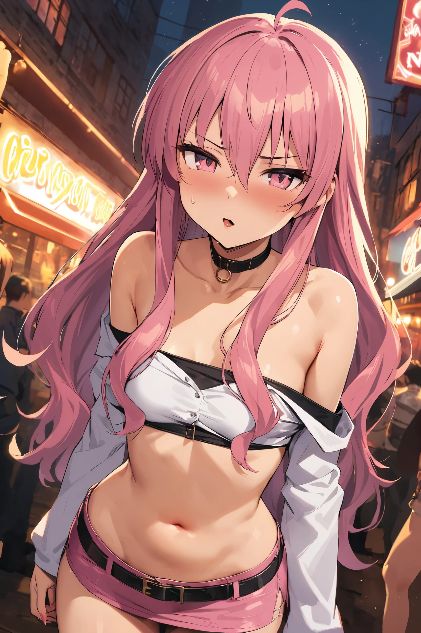 NSFW,masterpiece,Best Quality, high definition, very detailed,Louise Françoise Le Brun de La Valliere \(The Familiar of Zero\),Pink Eyes、Pink Hair,Long Hair, hair between eyes ,Small breasts, Off Shoulder Shirts , crop top, miniskirt,belt,Nightlife