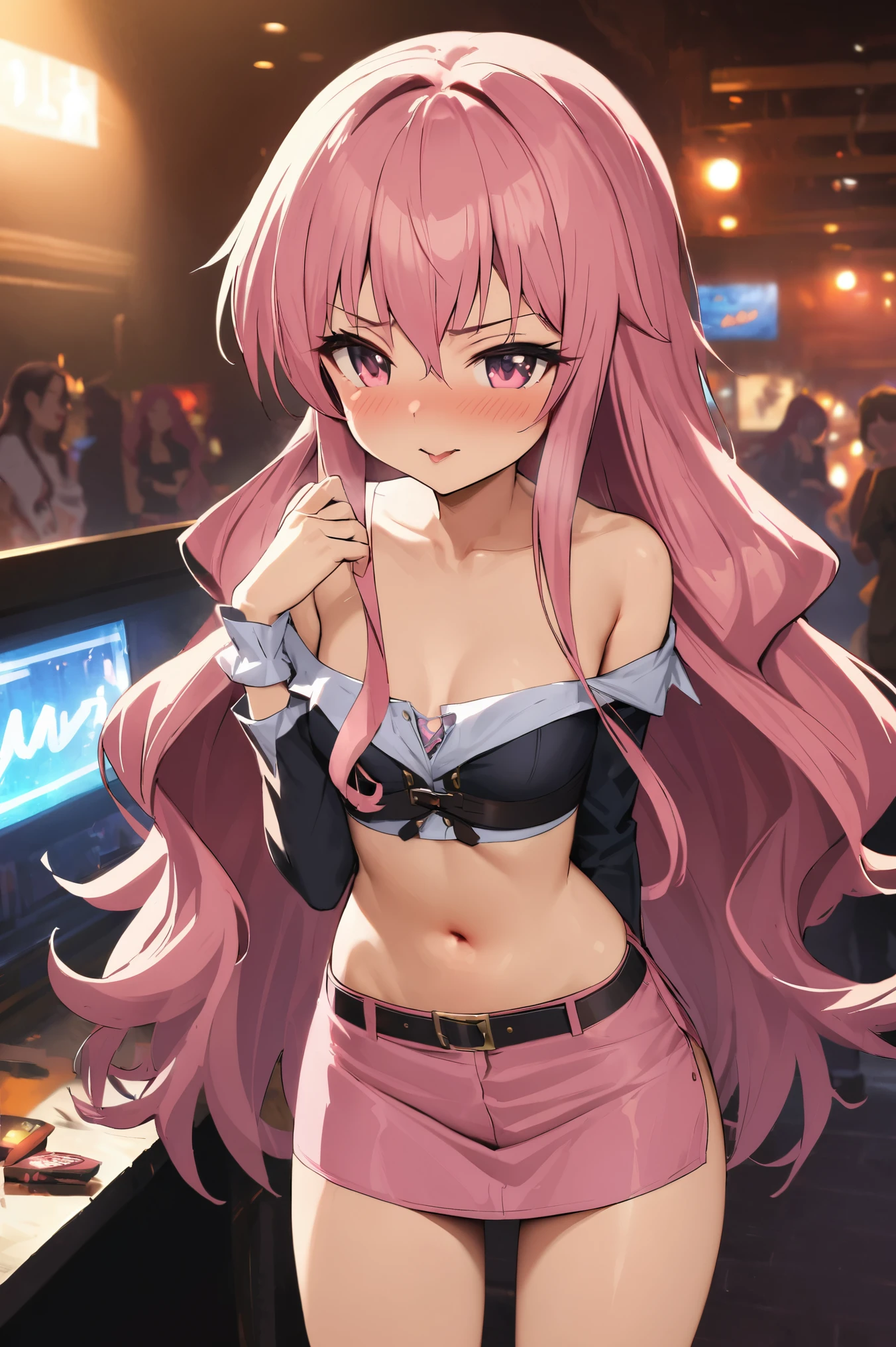 NSFW,masterpiece,Best Quality, high definition, very detailed,Louise Françoise Le Brun de La Valliere \(The Familiar of Zero\),Pink Eyes、Pink Hair,Long Hair, hair between eyes ,Small breasts, Off Shoulder Shirts , crop top, miniskirt,belt,Nightlife