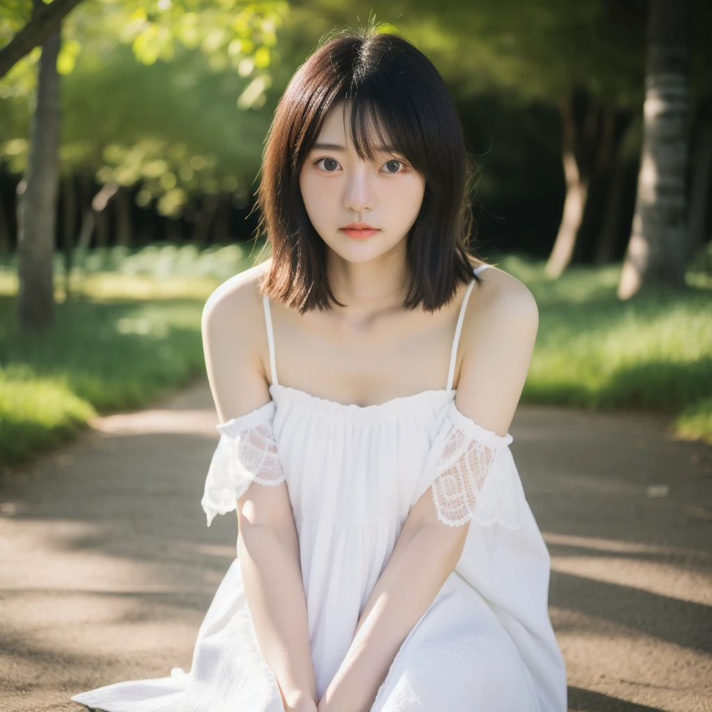 Japanese、beautiful girl、Fair skin、 fine skin 、Transparency、ennui、 virtual anime、Lonely、 From Head to Feet 、 short bob、Black Hair、 White Dress 、Birch、Grove、 sunlight filtering through the trees、 real、 Impressive Light Production、 Pale Light High Resolution , Character portrait, Fujifilm, high detail, very detailed, textured skin , Tamaki Tina Style