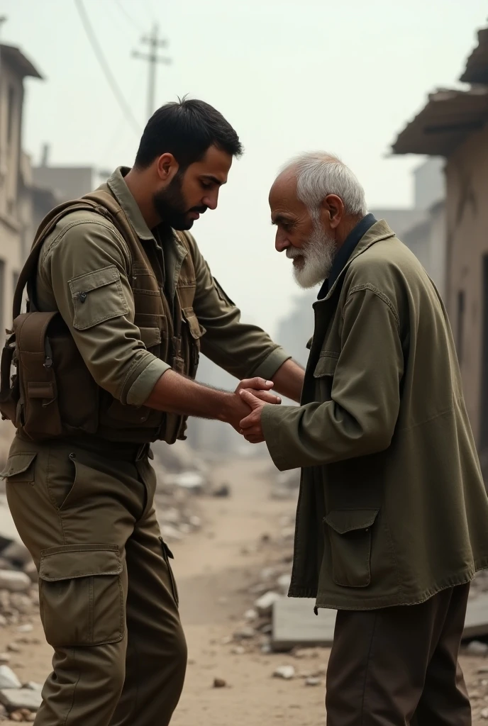 Picture of a Palestinian soldier wearing a Palestinian flag headband carrying an RPG kissing his father's and mother's hands in front of a collapsed building.