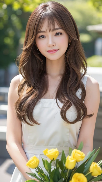 ((Realistic, photoRealistic, Highest quality,, 8K, Masterpiece of:1.3)), One girl has huge breasts, Beautiful woman with slim abs:1.3, (Casual Hairstyles, :1.2), Sexy Dress，Ultra-fine face, Detailed eyes, double eyelid，With a smile。Take a photo with a cute pose，Busty，close，close chest，White skin，Beautiful background,20-year-old,cute, (Wavy Hair:1.2), (Medium Hair:1.3), (Light brown hair:1.3),wearing a white mask, 