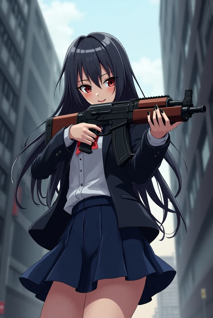 A high school girl with long hair, wearing a school uniform, holding a futuristic uzi gun in a dynamic and action-packed pose. She is positioned in the center of the composition with an intense expression. The background features a dramatic scene with four-point perspective, creating a sense of depth and movement. The environment around her is urban, with tall buildings, sharp angles, and a slightly tilted horizon. The scene is highly detailed, with sharp contrasts and vibrant colors typical of anime art style. The lighting highlights the girl's features and weapon, giving her an aura of strength and determination.