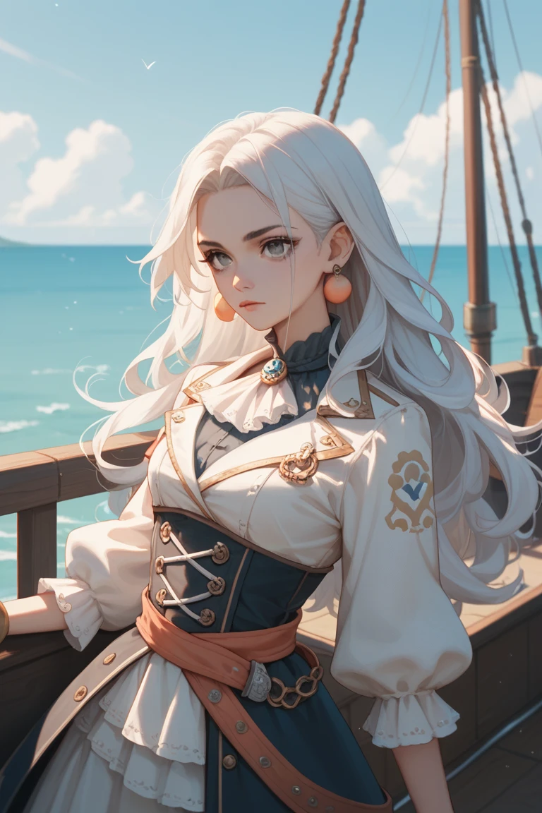 Atlas Fayon woman 25 years old, white hair with black stripes, blue eyes like sapphires,  white tiger ears, SMILE, blush, big breasts.  dressed as a pirate, pirate clothes, neckline,  background a pirate ship in the middle of the ocean.
