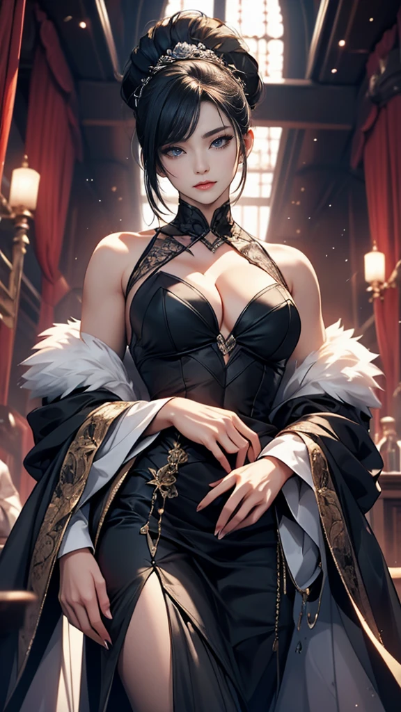 ((masterpiece, best quality), Minako, mature female , 1girl, milf, (blush:1.05), short hair, black hair, purple hair, lips, cleavage, perfect body, perfect eyes, eyeshadow, perfect face, (shy:1.1)), ((white dress, ornate long dress, dark red dress)), sexy red dress)), (((black fur coat:1.4), (ornate dress))), bracelet, winery,wine barrels backgroudn, standing on a barrel, sexy pose)), gloves, leather gloves, bracelets, amethyst necklace, hoop earrings))
