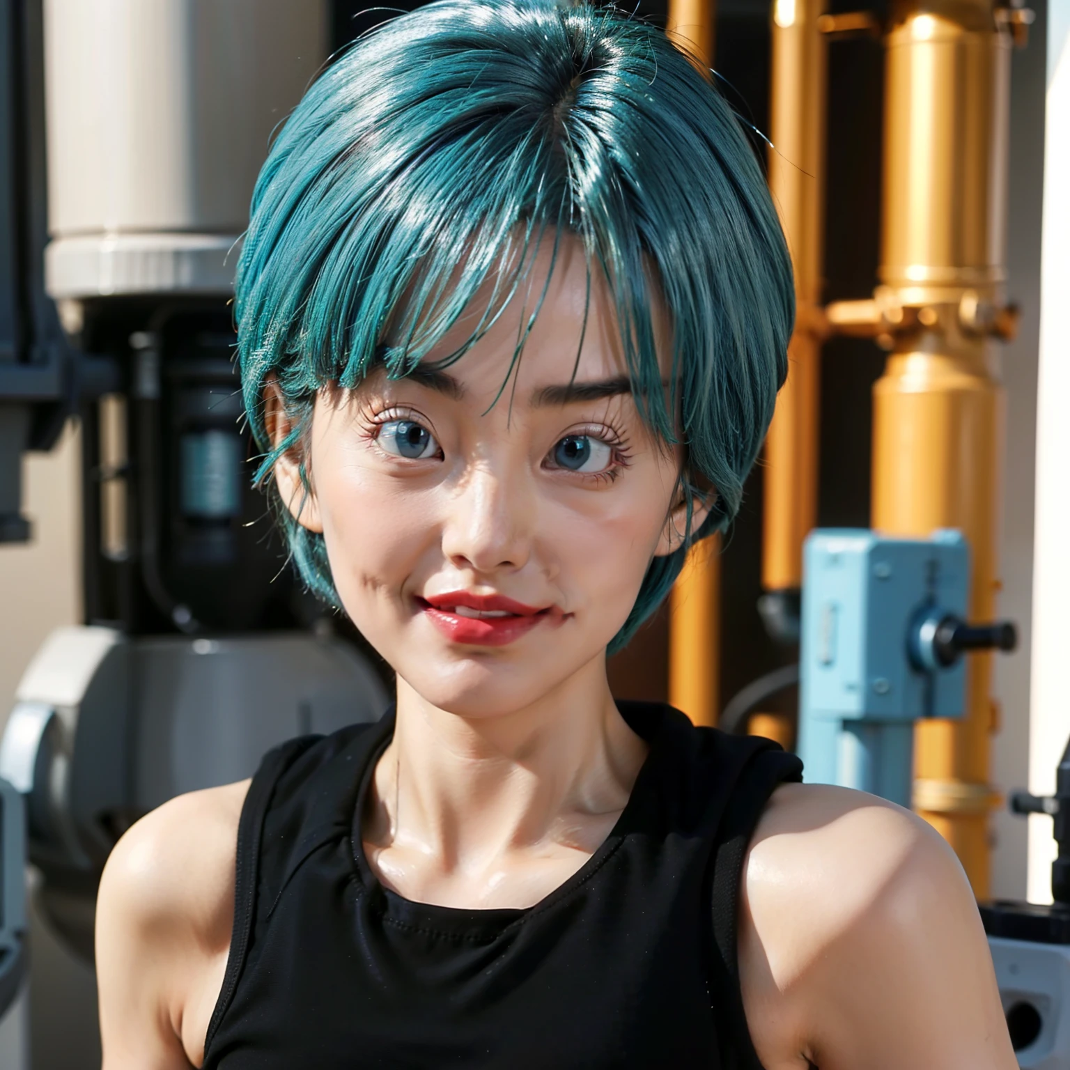 Generate a realistic image of a young woman with blue hair styled in a short, chic bob haircut, framing her face. She has large, expressive eyes, with a lively and intelligent expression, light skin, and a soft, slightly mischievous smile. She is wearing a sleek, modern outfit with a high-tech feel—think a fitted, sleeveless top with some utility-style elements, such as a belt or gloves, and a slight military or adventurous vibe. The setting is clean and futuristic. High detail and natural lighting for a lifelike effect.