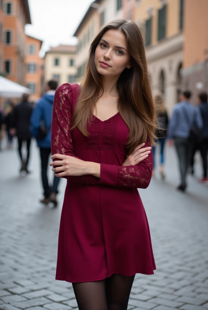 (Best quality)), (Meisterwerk), (Detaillierte), (Full body shot)) pretty, atemberaubend, kurze grauen Haar, green eyes, pretty, atemberaubend adult 35yo woman, Maria Fumagelli, Dekollete, slender legs, weiche Eigenschaften, rotes, figurbetontes Kleid mit aufwendigen Golddetails, award-winning photography, Hameln Street Old Town Germanys (dramatische Beleuchtung), Mode, realistische Hautstruktur, ((Perfekte Anatomie)), (perfekte Proportionen), (Realistisches Foto), klarer Teint und markantes Erscheinungsbild. hochgezogene Augenbrauen, ausdrucksstarke Augen. Eyeliner betont ihre strahlenden Augen, Neutraler Lippenstift