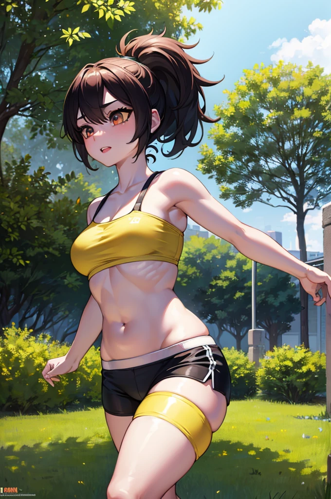 1girl, tube top, gym shorts, beautiful detailed eyes, beautiful detailed lips, extremely detailed face and body, athletic, fit, running, jogging, outdoors, sunny day, lush greenery, photorealistic, 8k, high quality, hyperdetailed, vivid colors, natural lighting, cinematic, dramatic