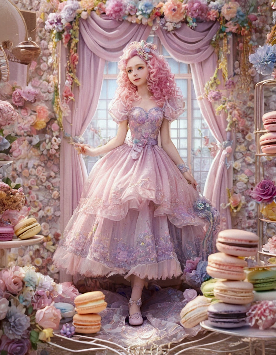 ((Beautiful,  beautiful ,  very detailed ,  masterpiece ,  high quality , confuse,  high resolution , Full HD, 16K)),((巨大な soft colors のマカロン))),(Lots of macarons ),(( floating in the air)),fairy tale princess,(Happy), pleasure, ( Smile, laughter), ( pink prom dress :1.5, macaron pattern dress :1.5,Decorated with lace,  decorations and jewels :1.1,),(Bob, curls,  Pink Haired ),( Purple Eyes ,  big eyes,  fair skin), , Soft Edge, Soft lines,  highly saturated colors ,  bright colors ,  soft colors ,  Warm Lighting ,  soft lighting, fantasy,   6 pounds of ijo no yubi  ,  Dreamy atmosphere ,
