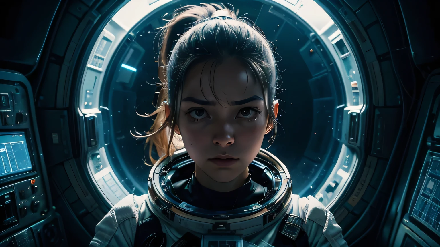 Hot terrified Amy Adams as a Scientist on Ishimura Horror Space Ship photography, natural light, photorealism, cinematic rendering, ray tracing, the highest quality, the highest detail, Cinematic, Third-Person View, Blur Effect, Long Exposure, 8K, Ultra-HD, Natural Lighting, Moody Lighting, Cinematic Lighting
