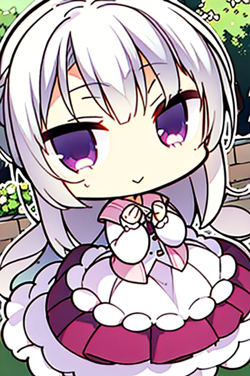 Chinatsu-chan Ghost Girl Baggy white blouse girl white hair Grey Eyes Short Slender figure Smiling Face Sitting outside my bed in my room Pop and cute Solid Color