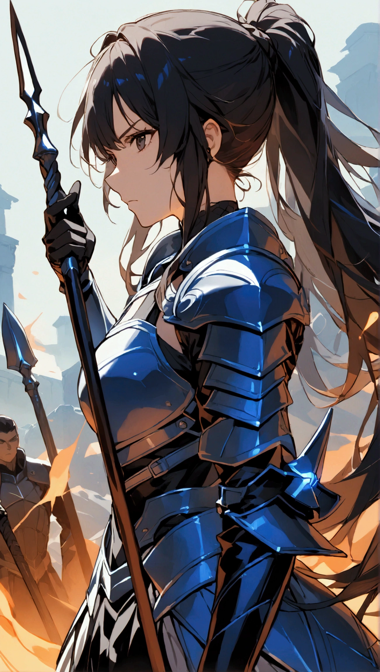 A 20-year-old woman with long black hair tied in a high ponytail, dark eyes, and a serious expression. She is wearing a form-fitting armor that is a sleek combination of blue and black, with black boots and matching black gloves. She is holding a spear in both hands, the tip of the spear. The scene captures her standing in a battle-ready pose, exuding a powerful and focused presence, as if prepared for an intense fight.