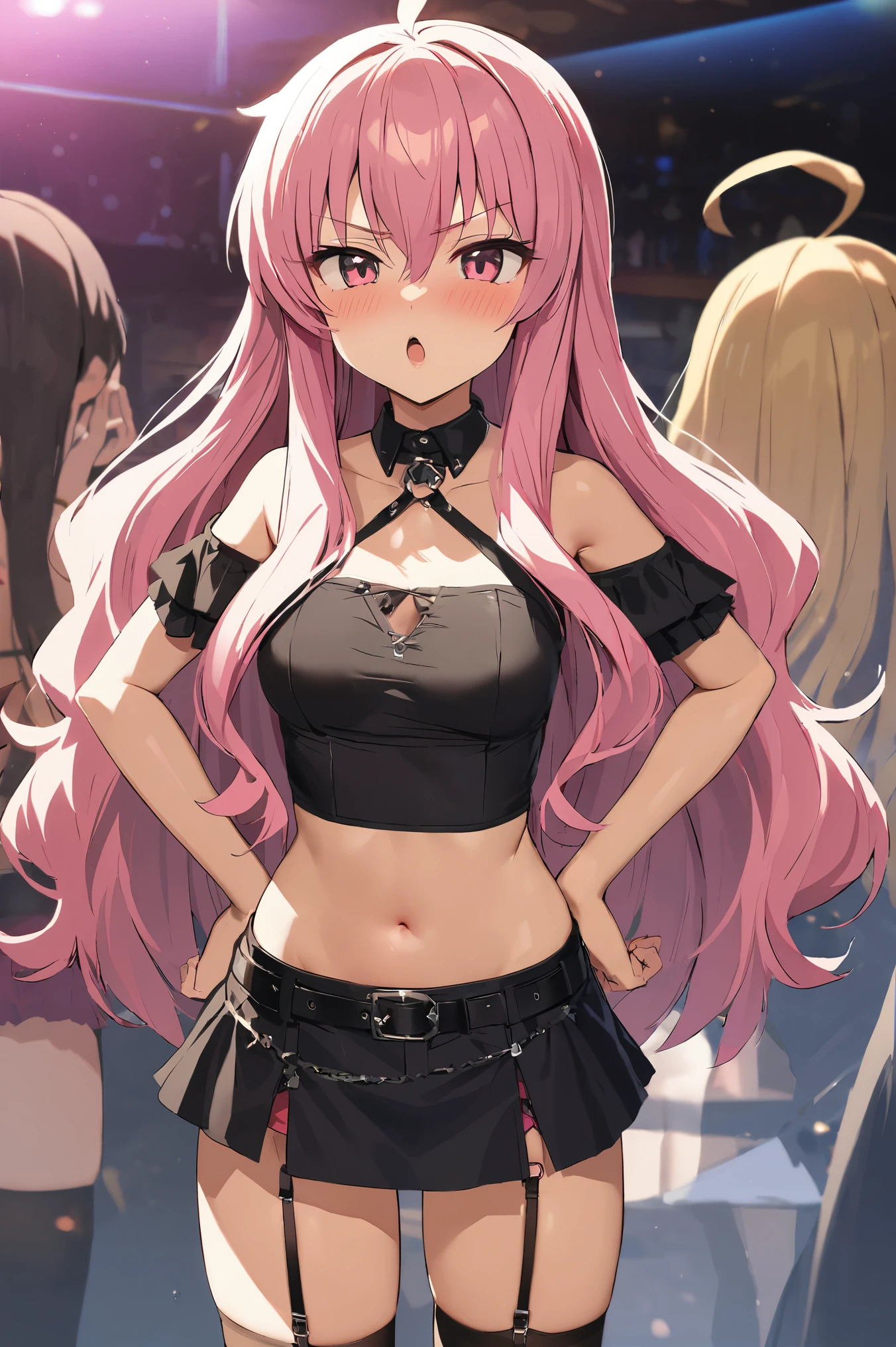 NSFW,masterpiece,Best Quality, high definition, very detailed,Louise Françoise Le Brun de La Valliere \(The Familiar of Zero\),Pink Eyes、Pink Hair,Long Hair, hair between eyes ,Small breasts, Off Shoulder Shirts , crop top, miniskirt,belt, Garter Straps ,Nightlife