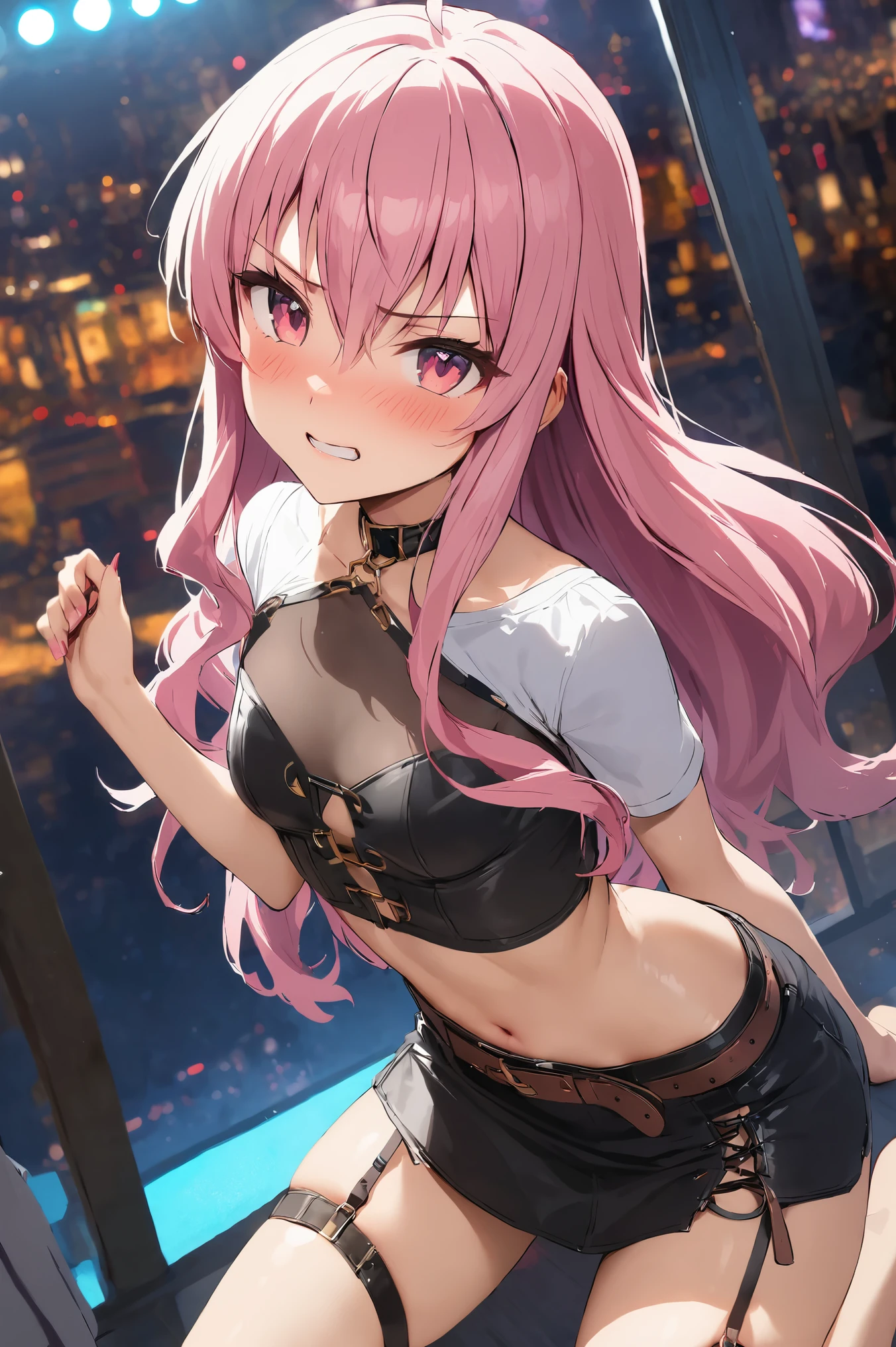 NSFW,masterpiece,Best Quality, high definition, very detailed,Louise Françoise Le Brun de La Valliere \(The Familiar of Zero\),Pink Eyes、Pink Hair,Long Hair, hair between eyes ,Small breasts, Off Shoulder Shirts , crop top, miniskirt,belt, Garter Straps ,Nightlife