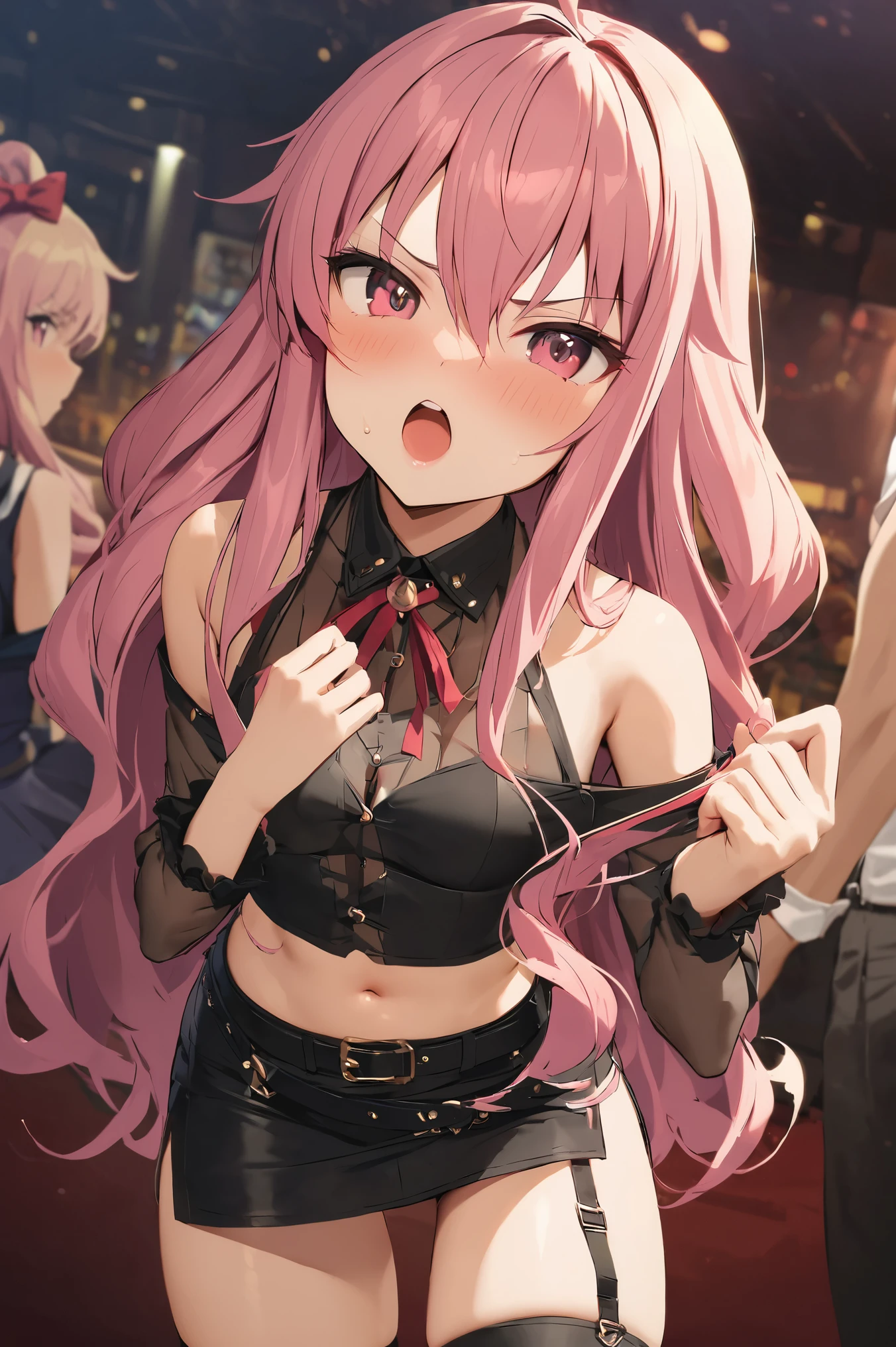 NSFW,masterpiece,Best Quality, high definition, very detailed,Louise Françoise Le Brun de La Valliere \(The Familiar of Zero\),Pink Eyes、Pink Hair,Long Hair, hair between eyes ,Small breasts, Off Shoulder Shirts , crop top, miniskirt,belt, Garter Straps ,Nightlife