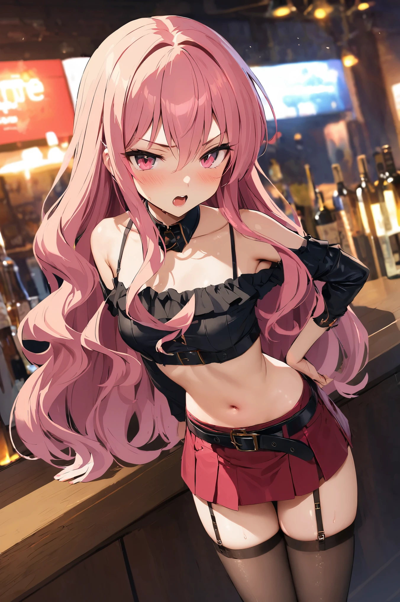 NSFW,masterpiece,Best Quality, high definition, very detailed,Louise Françoise Le Brun de La Valliere \(The Familiar of Zero\),Pink Eyes、Pink Hair,Long Hair, hair between eyes ,Small breasts, Off Shoulder Shirts , crop top, miniskirt,belt, Garter Straps ,Nightlife