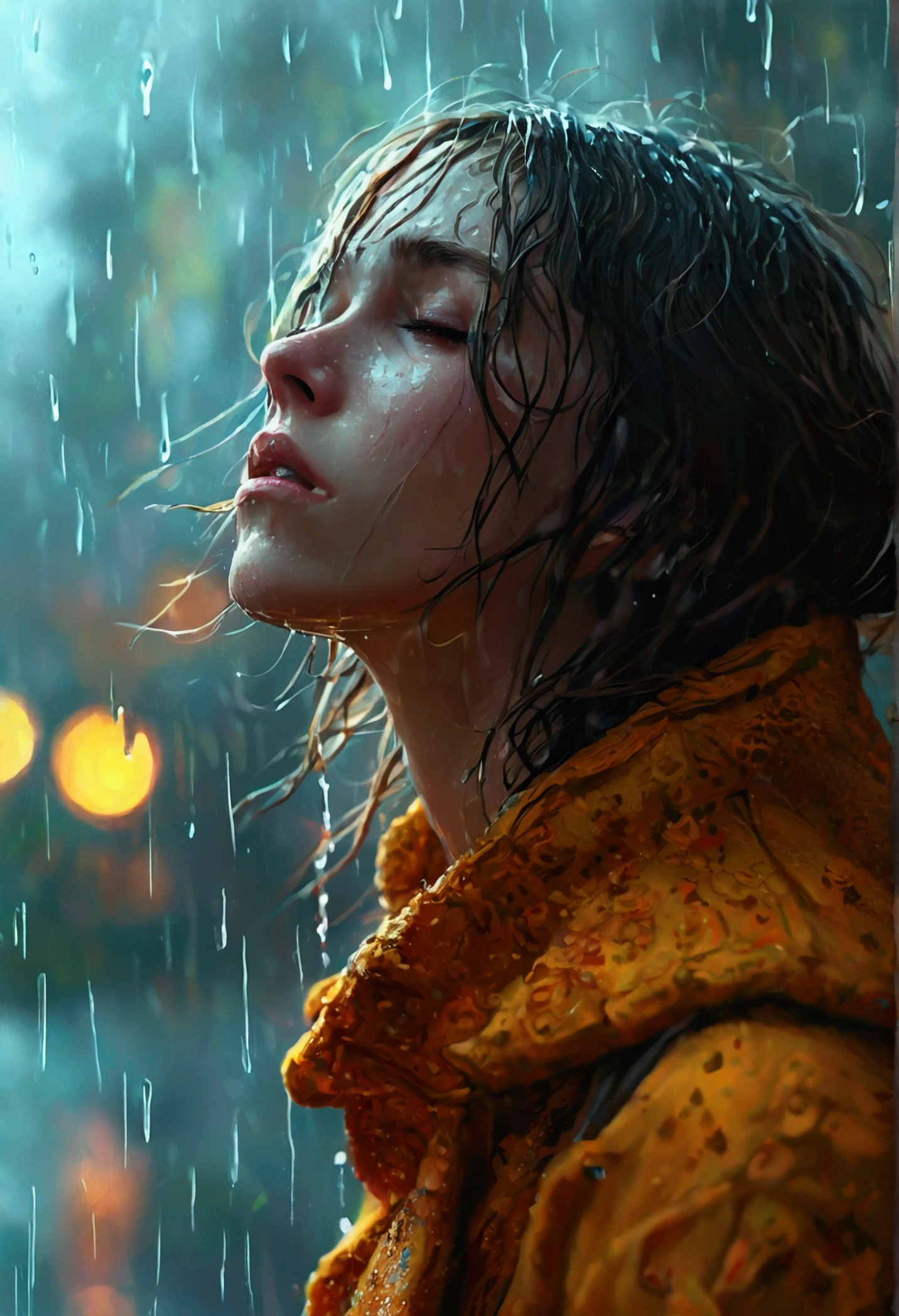 feel the rain on your skin, a beautiful woman with wet skin, wet hairs, lonely and desperate look on her face