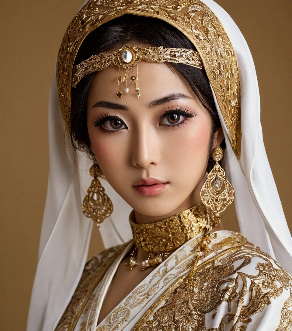 bottomless, Flashy, cleavage, hijabi, Absurd, ultra-detailed, high quality, masterpiece, detailed face, beautiful eyes(detailed eyes), javanese, gentle and graceful, face exudes warmth and kindness, eyes described as soft and comforting, gentle and steady gaze, overall appearance is simple and modest, The fabric of her garments is usually depicted as soft and earth-toned, beauty lies not in extravagant adornments, Her smile is serene and welcoming