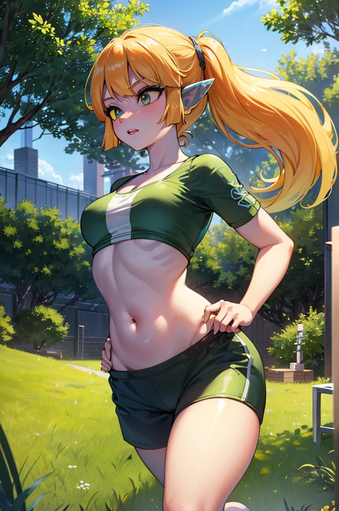 1girl, zelda, tube top, gym shorts, beautiful detailed eyes, beautiful detailed lips, extremely detailed face and body, athletic, fit, running, jogging, outdoors, sunny day, lush greenery, photorealistic, 8k, high quality, hyperdetailed, vivid colors, natural lighting, cinematic, dramatic