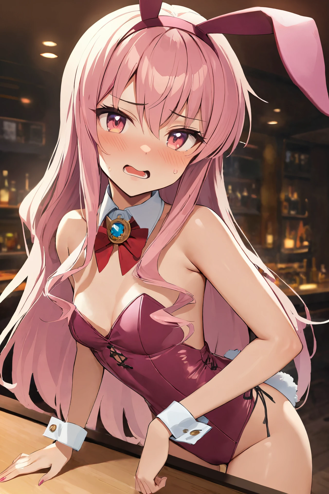 NSFW,masterpiece,Best Quality, high definition, very detailed,Louise Françoise Le Brun de La Valliere \(The Familiar of Zero\),Pink Eyes、Pink Hair,Long Hair, hair between eyes ,Small breasts, Playboy Bunny,Night bar,(Prostitute)