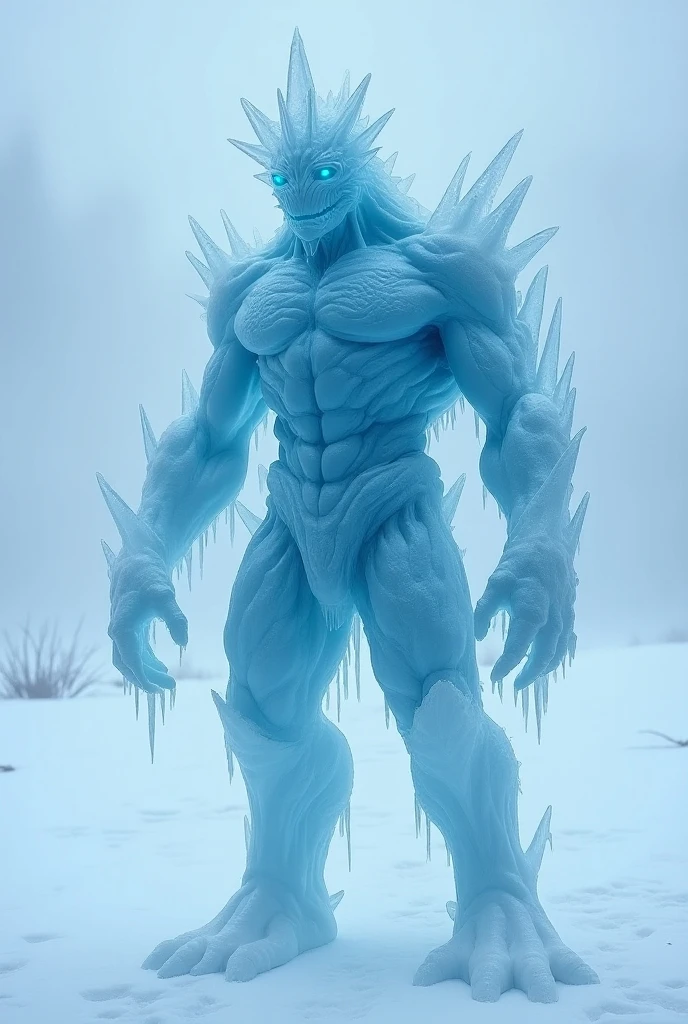 A being made of diamond, brawny, with crystals coming out of the back, brow, arms and calves