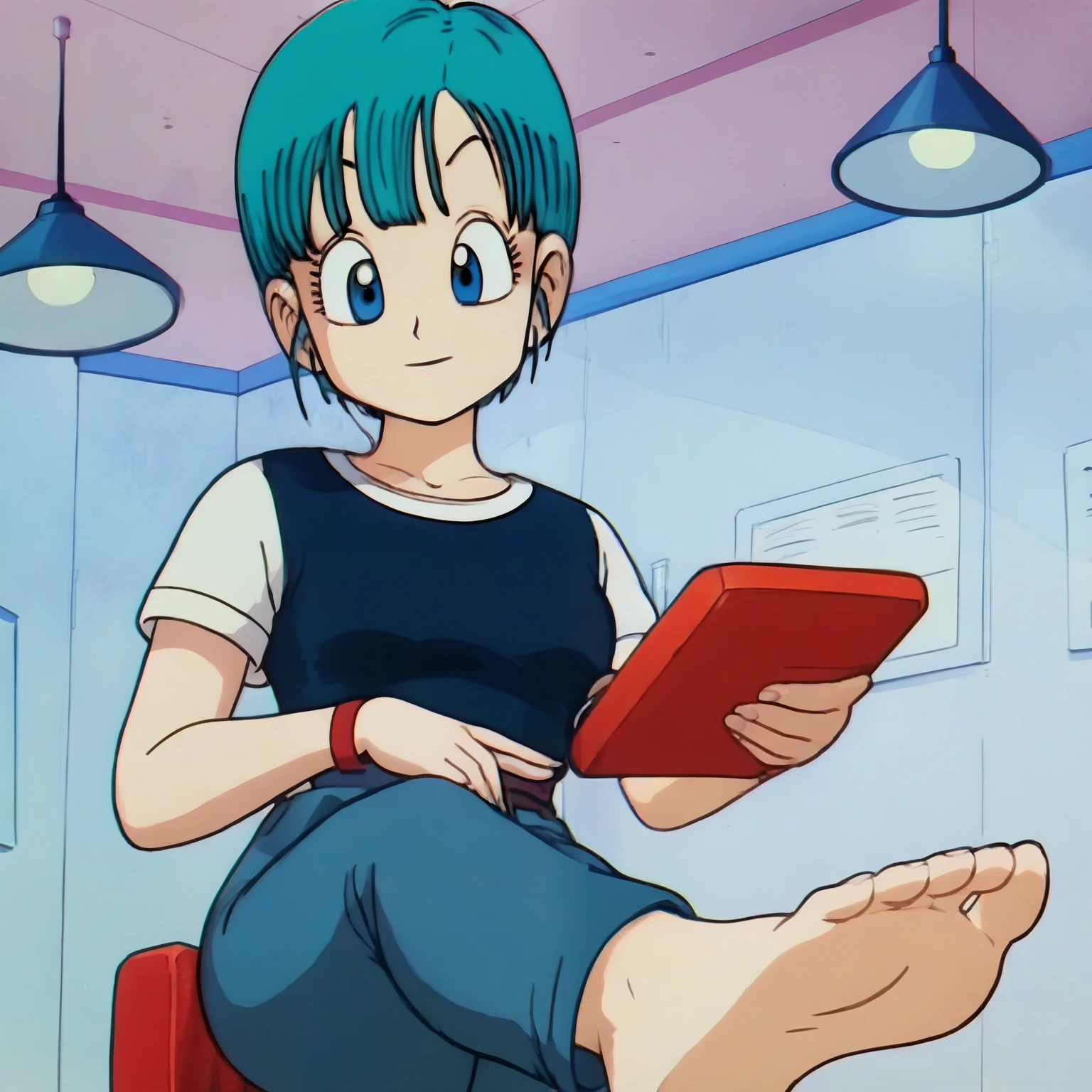 source_anime, score_9, score_8_up, score_7_up, anime screencap,8k, absurd res, 
bulma, 1girl, solo, short hair, blue hair, official style, white undershirt, long pants, barefoot, soles, 
from below, foot focus, in the room of a hospital, looking at viewer